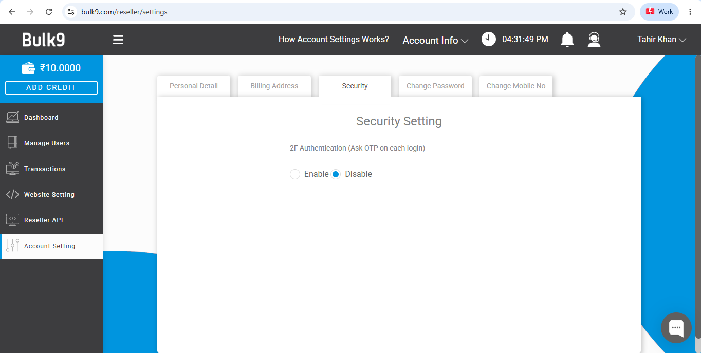 Security tab in Bulk9 with two factor authentication toggle