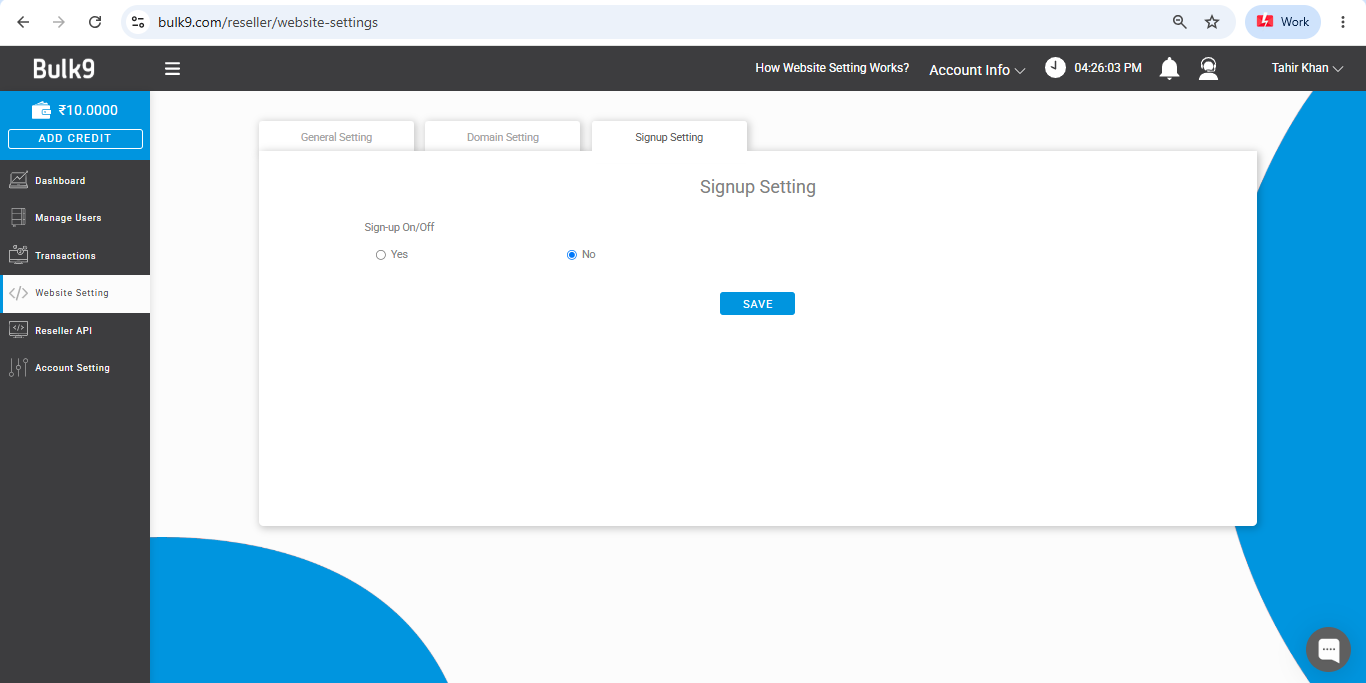 Signup Setting tab in Bulk9 to allow or disable client self signup