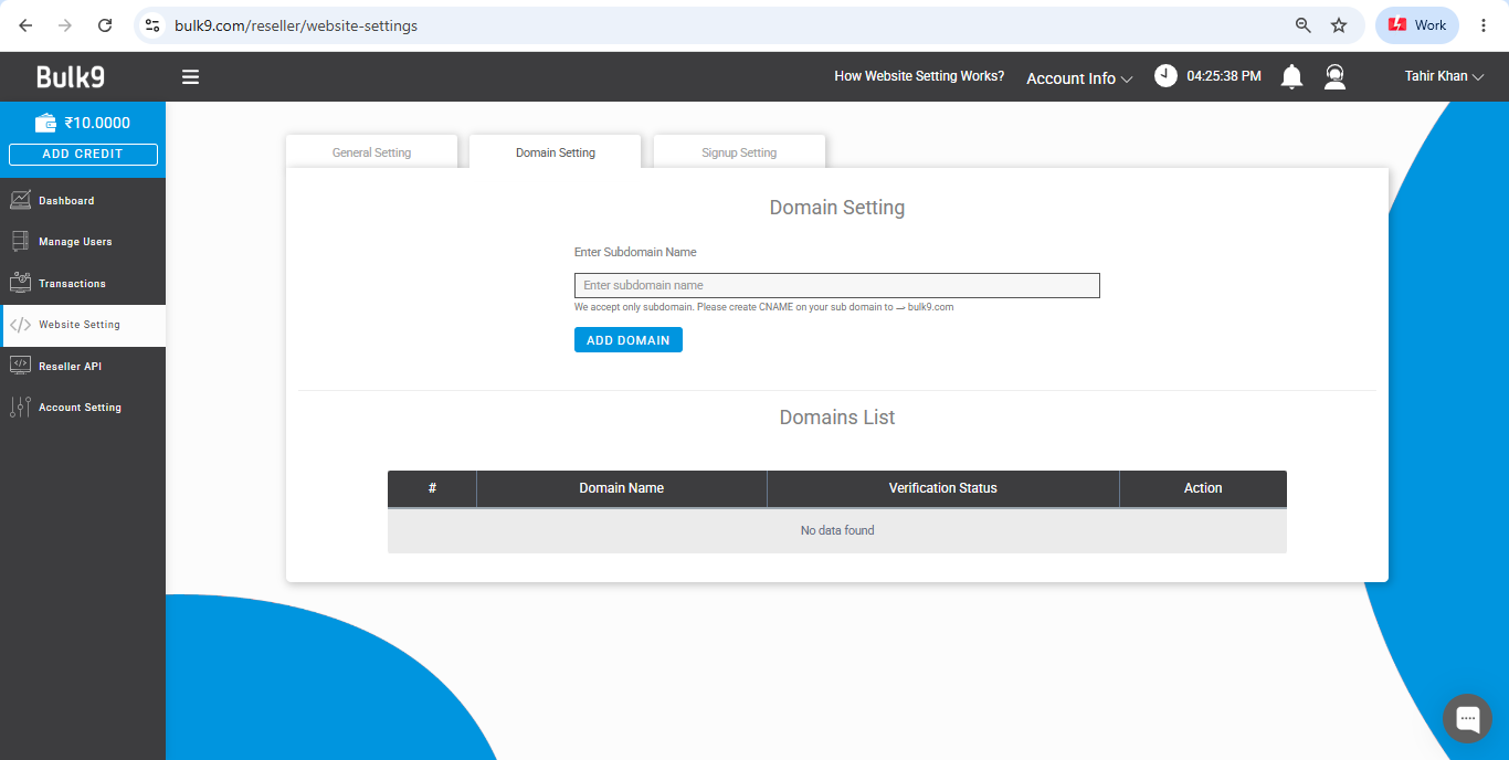 Domain Setting tab in Bulk9 to add your own subdomain with CNAME verification