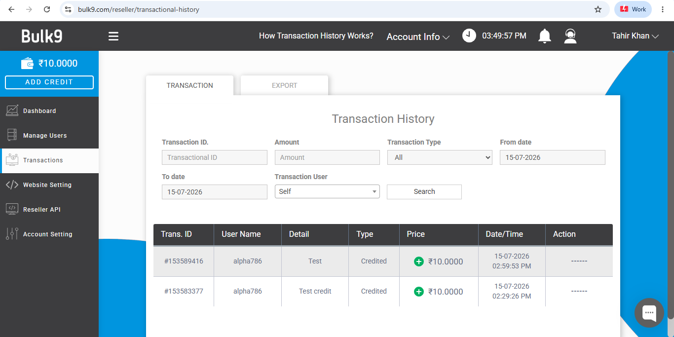 Transaction history in Bulk9 with filters and export