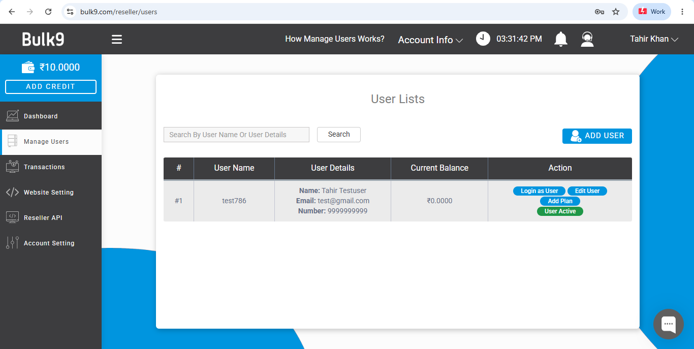 Client list in Bulk9 with login as user, edit, add plan and active toggle