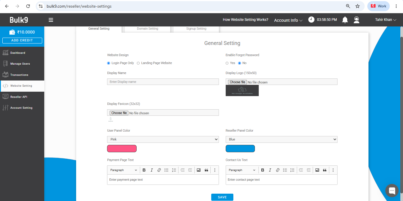 Website Setting general tab in Bulk9 for logo, brand name, colors and favicon
