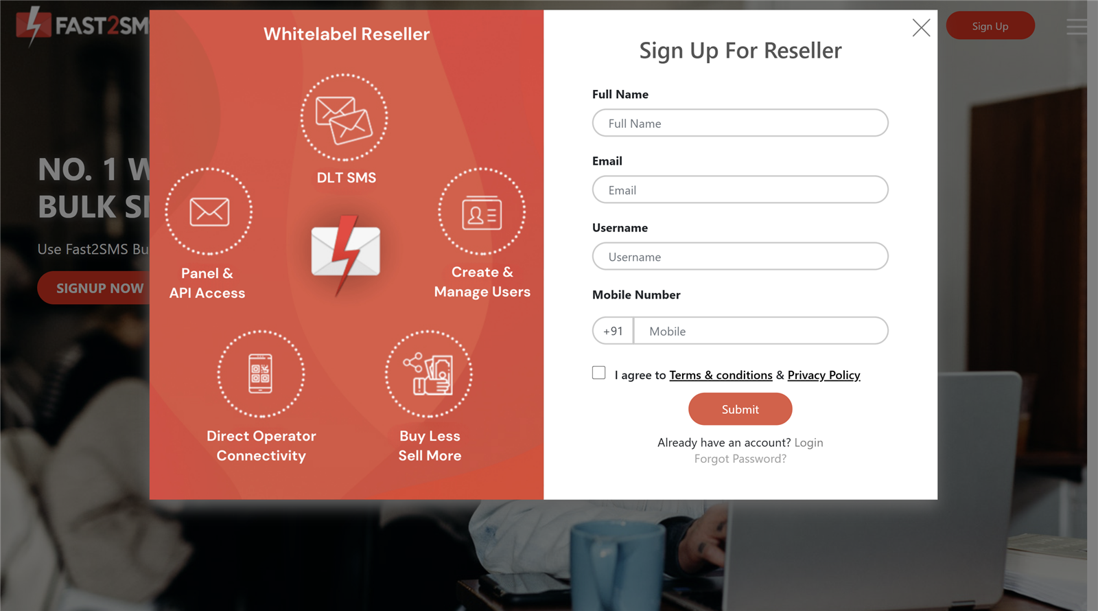 Whitelabel reseller signup form at fast2sms.com/reseller with DLT SMS, panel and API access, user management and direct operator connectivity
