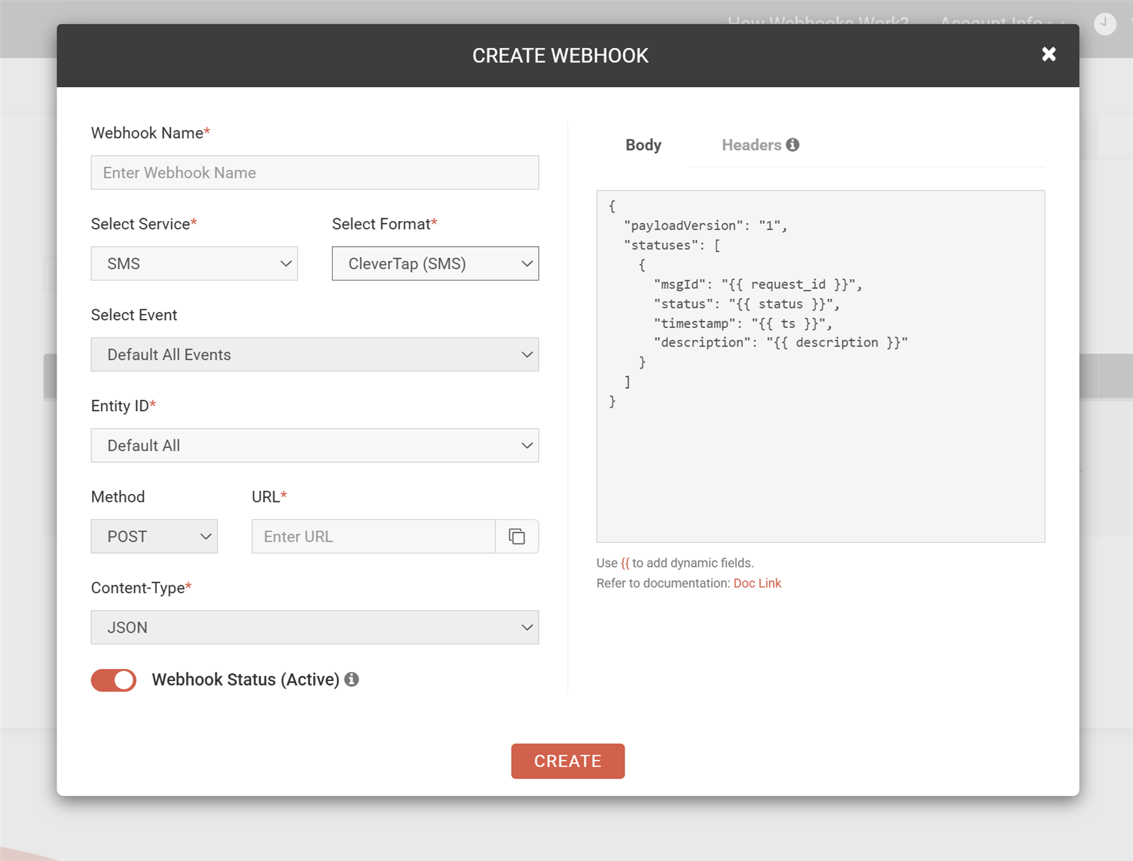 Create Webhook screen in Fast2SMS with the ready CleverTap SMS format and payload template