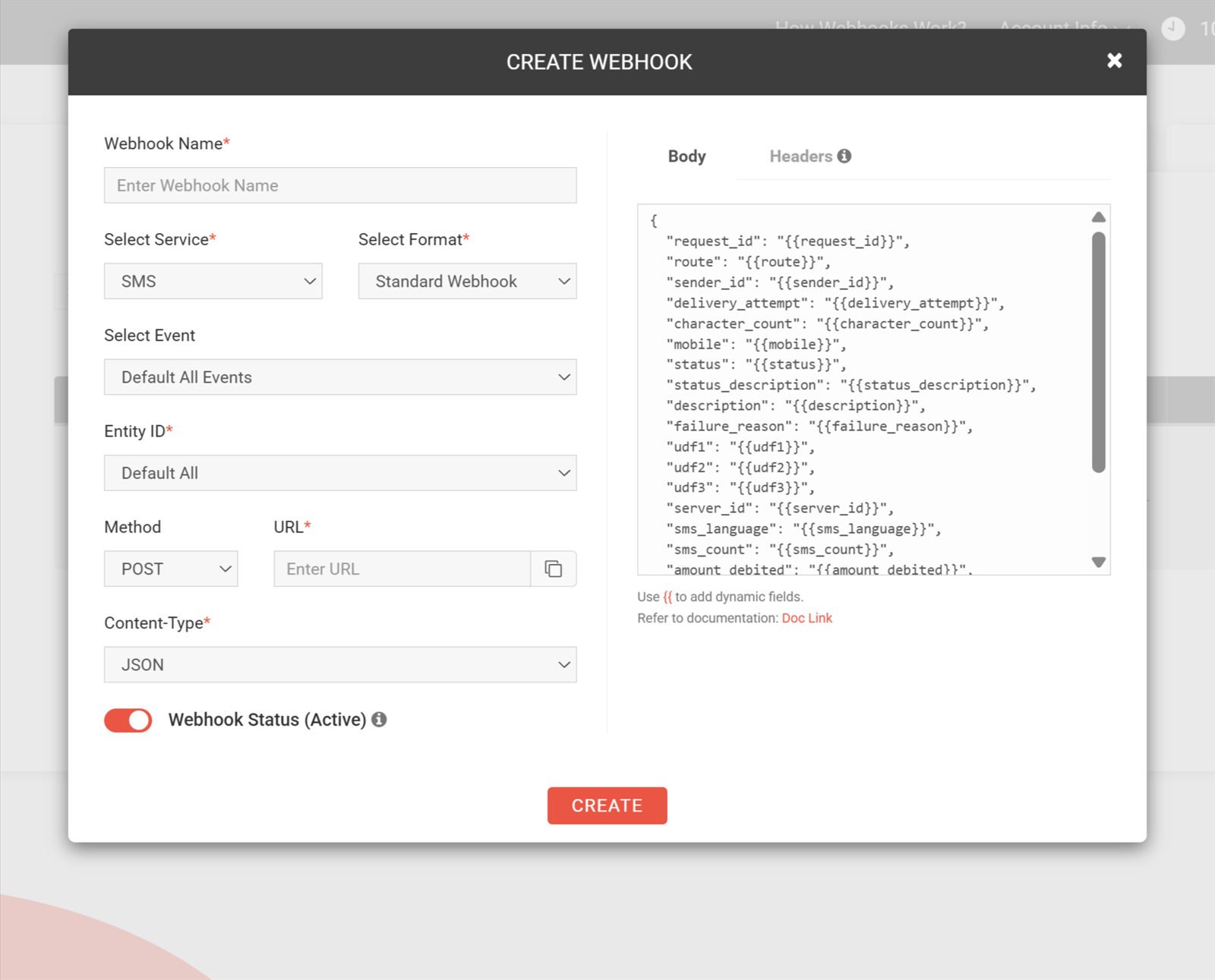 Create Webhook screen in Fast2SMS with payload template and placeholders for dynamic fields