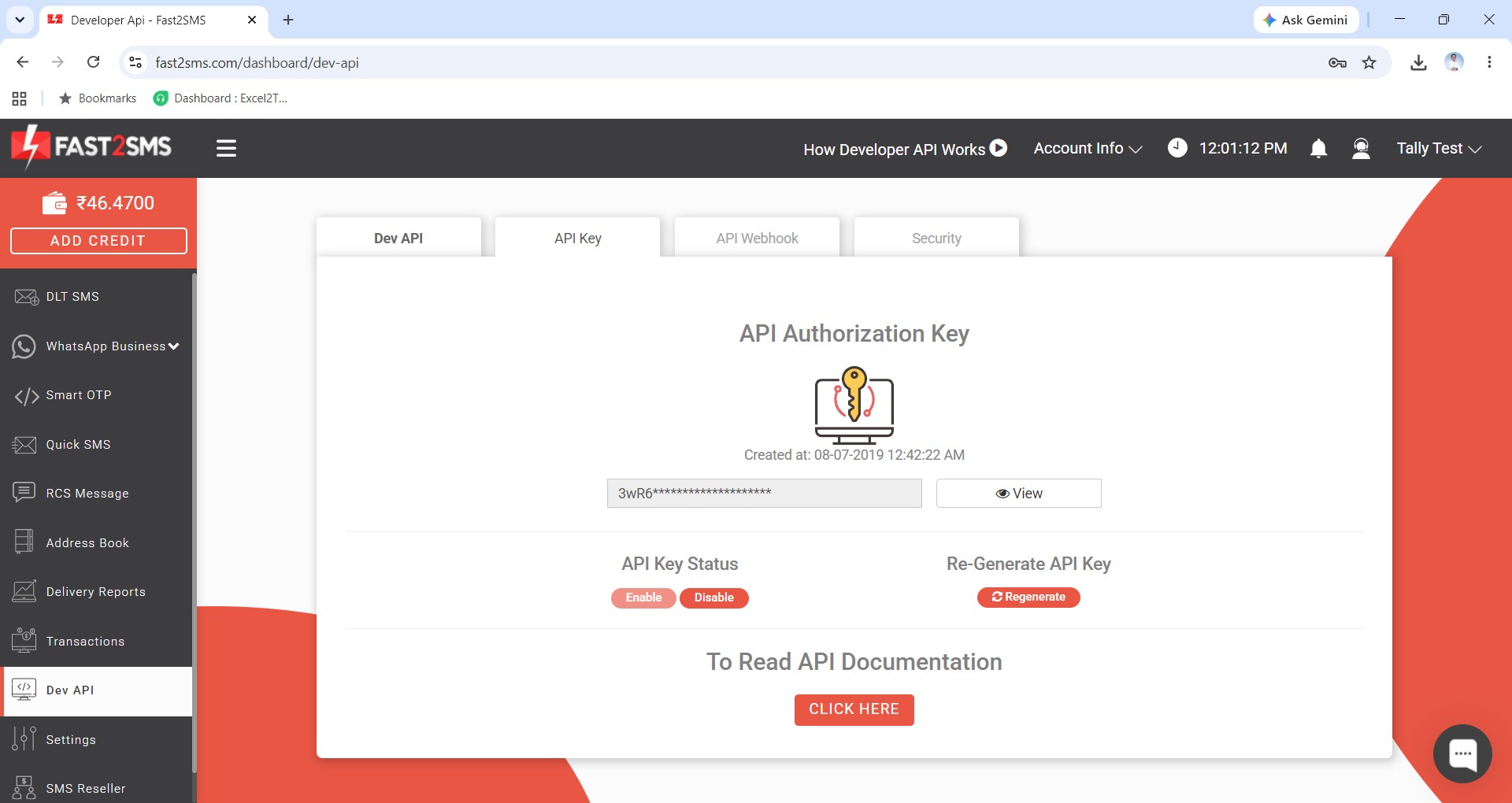 Copying the Fast2SMS API key from the Dev API section for the Tally plugin