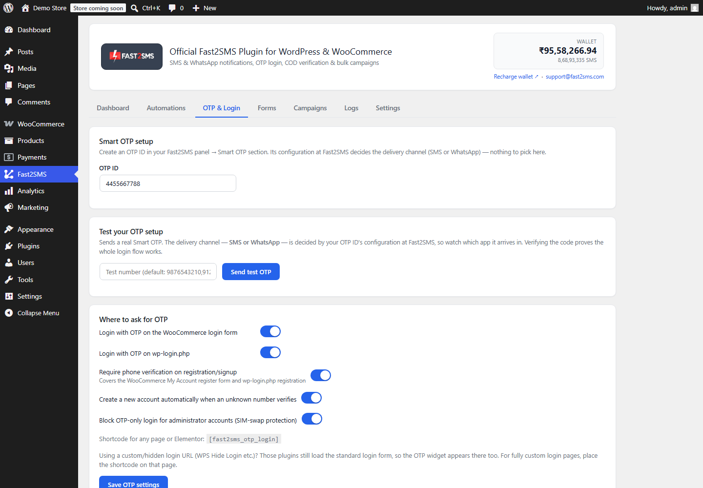 OTP and Login settings tab in the Fast2SMS WordPress plugin