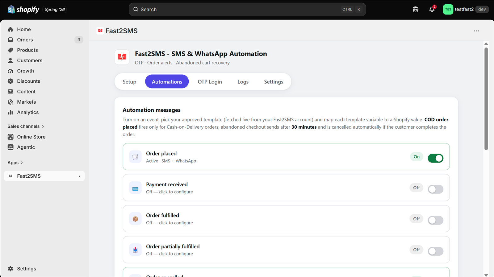 SMS and WhatsApp automation events in the Fast2SMS Shopify app