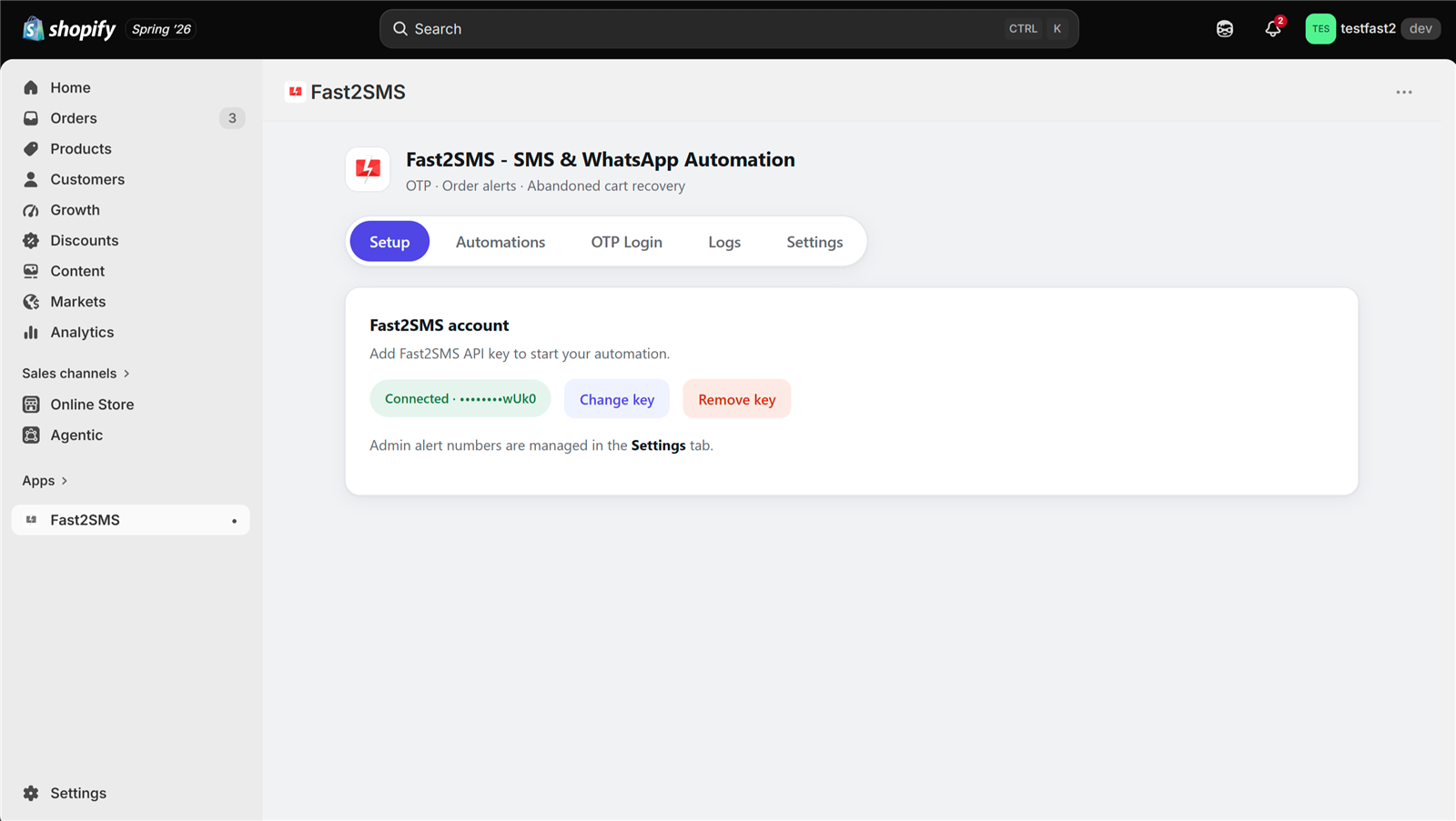 Fast2SMS Shopify app Setup tab with the API key connected
