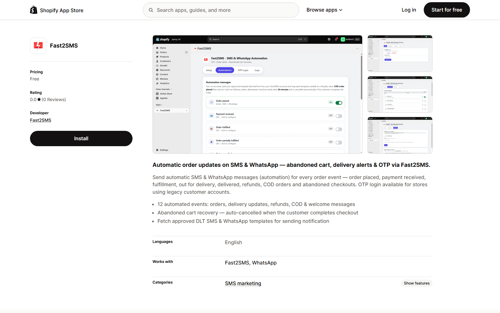 Fast2SMS app listing on the Shopify App Store, free to install