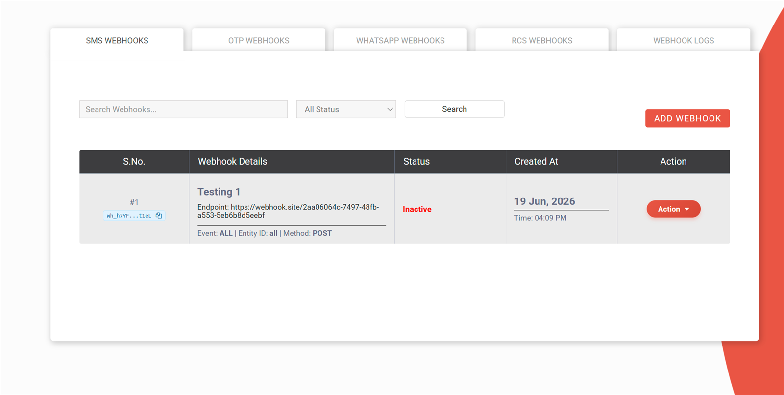 Fast2SMS webhooks dashboard with tabs for SMS, OTP, WhatsApp, RCS webhooks and logs