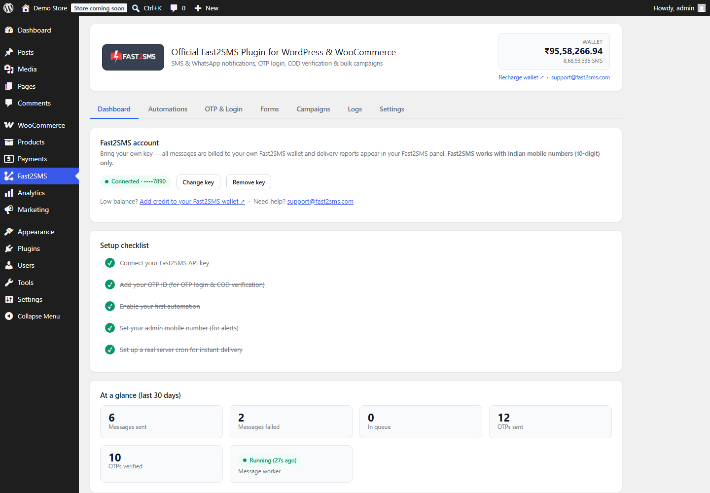 Fast2SMS WooCommerce plugin dashboard with wallet balance and setup checklist