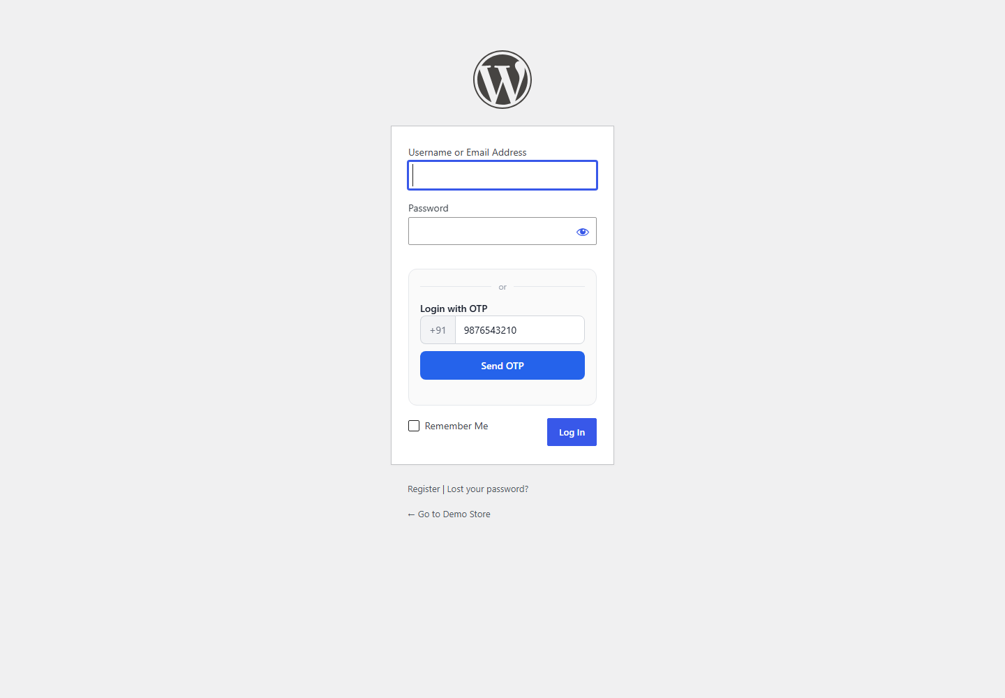 Login with OTP option on the WordPress login page added by the Fast2SMS plugin