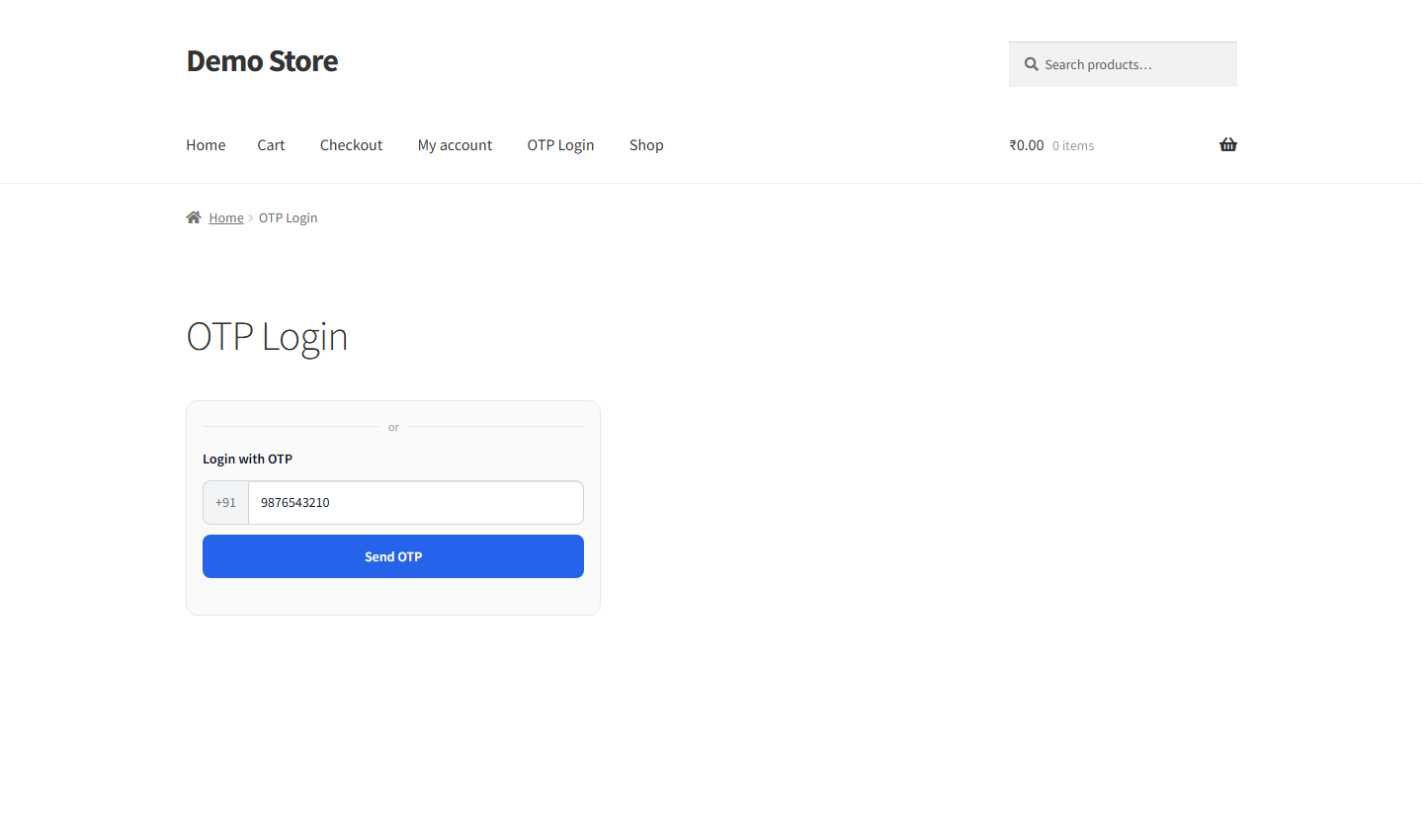 OTP login form added to a WordPress page with the fast2sms_otp_login shortcode