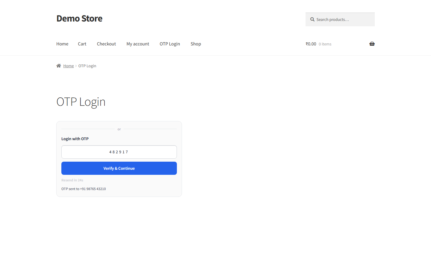 OTP verification step asking the user to enter the code sent to their mobile number