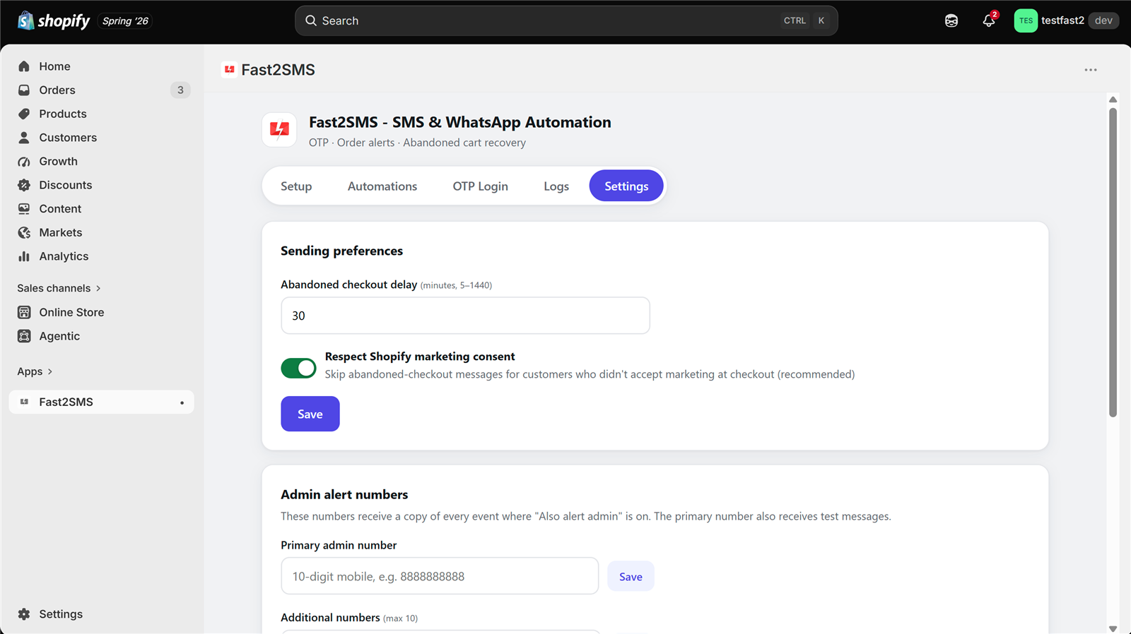 Abandoned checkout delay and marketing consent settings in the Fast2SMS Shopify app