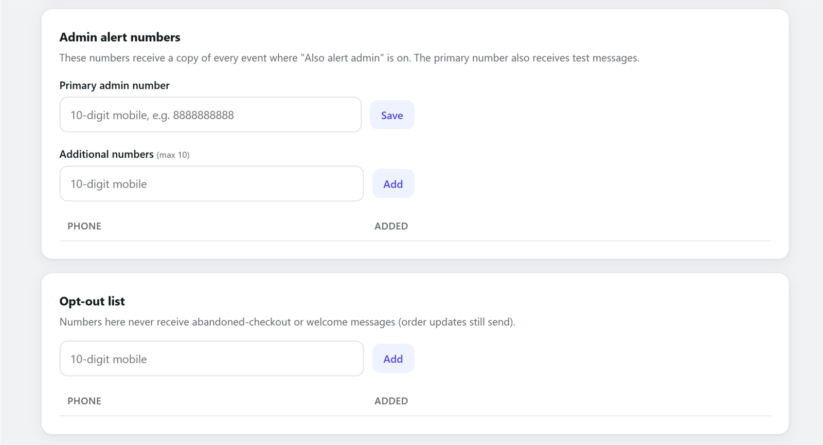 Admin alert numbers and opt-out list in the Fast2SMS Shopify app