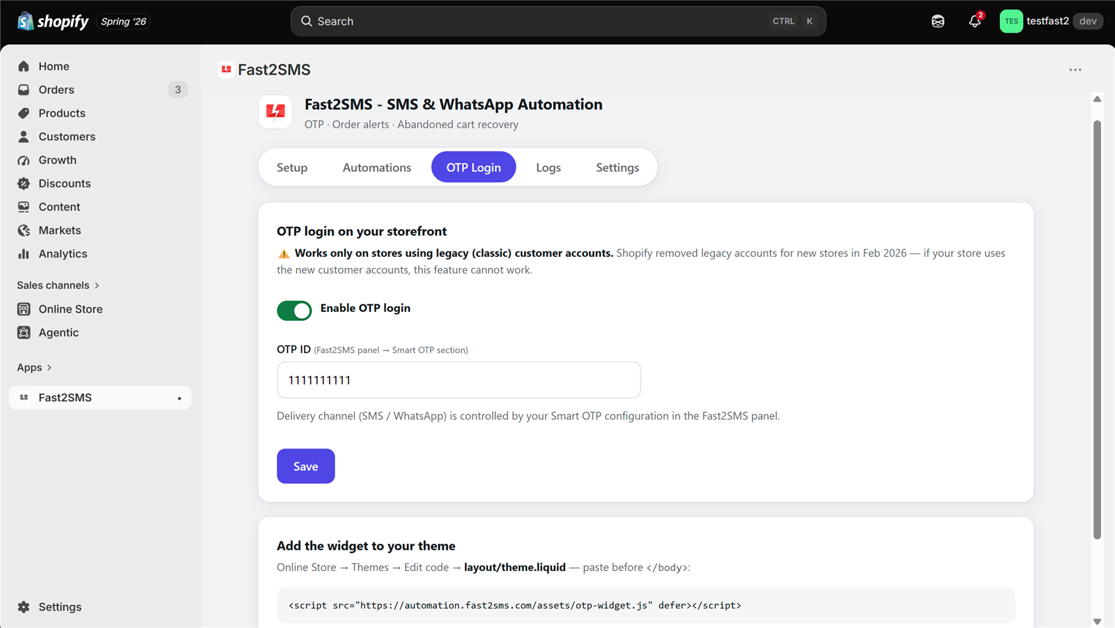 OTP login settings in the Fast2SMS Shopify app