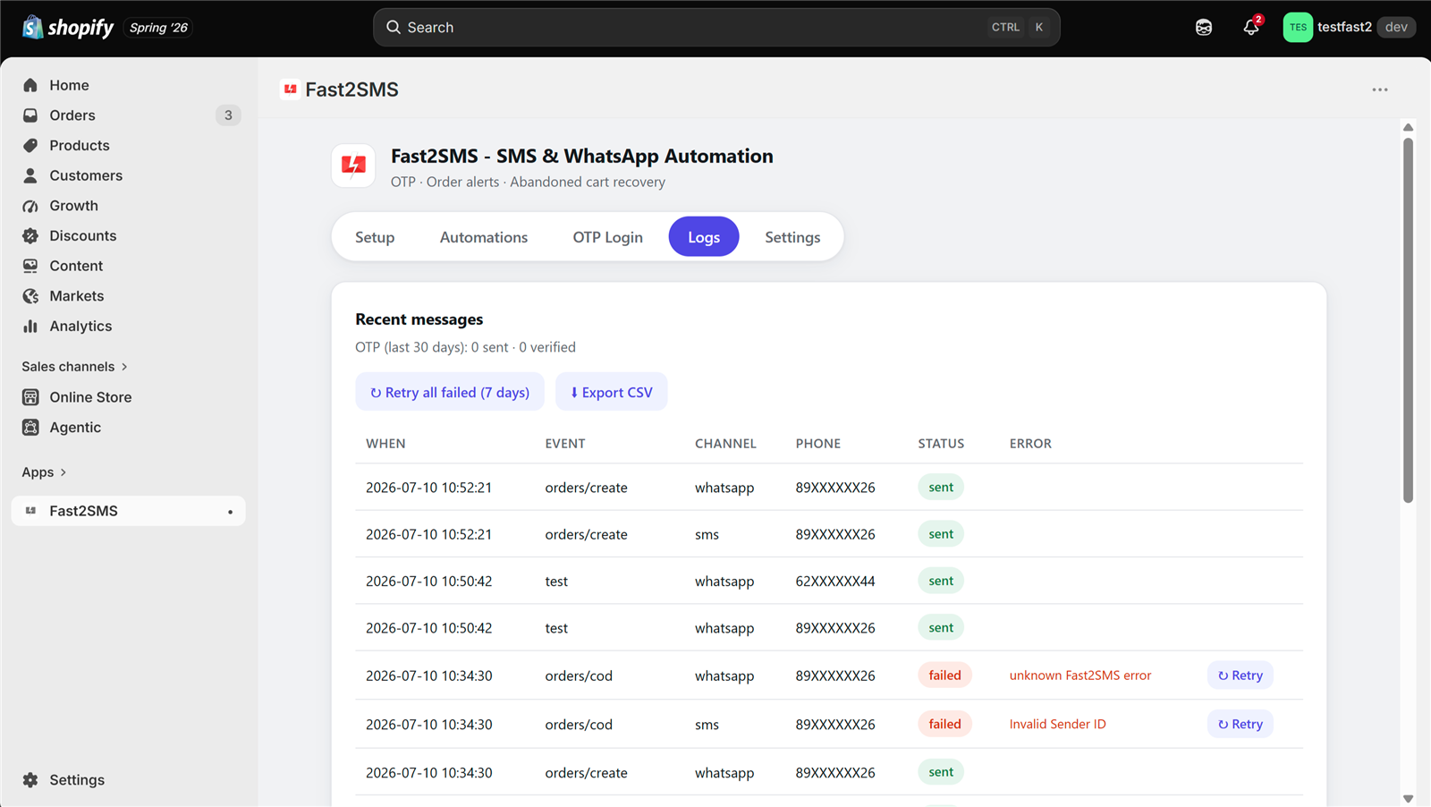 Message logs with delivery status and one-click retry in the Fast2SMS Shopify app