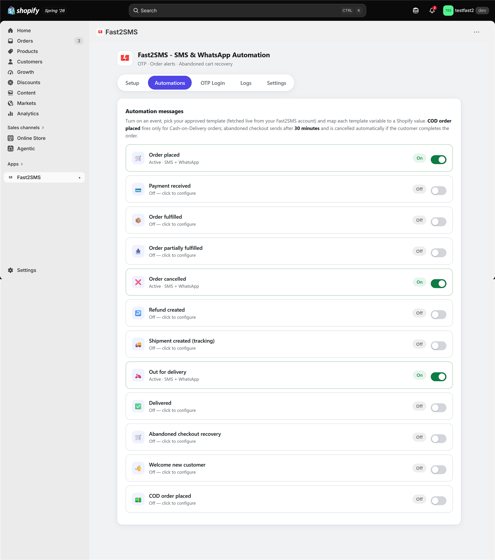 All order notification events in the Fast2SMS Shopify app including abandoned checkout and COD