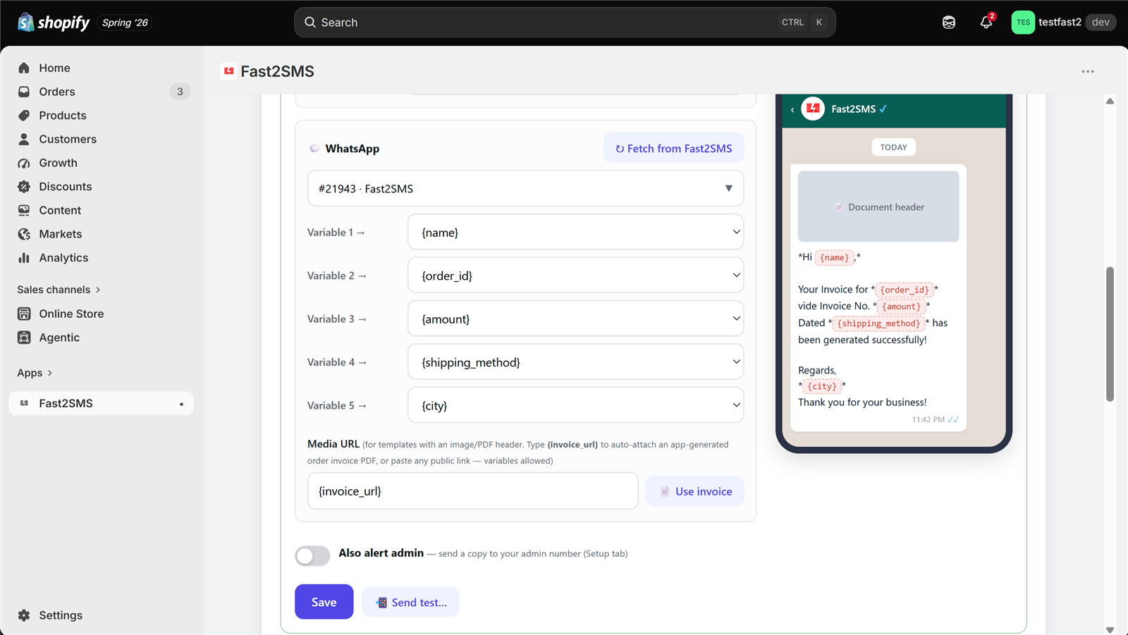 WhatsApp template variable mapping with live preview and automatic invoice PDF in the Fast2SMS Shopify app