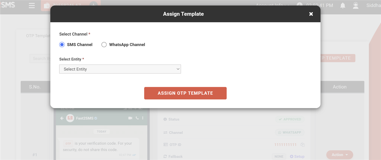 Assign OTP template popup in Fast2SMS with SMS and WhatsApp channel choice