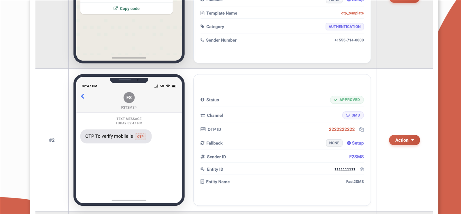 Approved SMS OTP template in the Fast2SMS Smart OTP panel with sender ID and DLT entity
