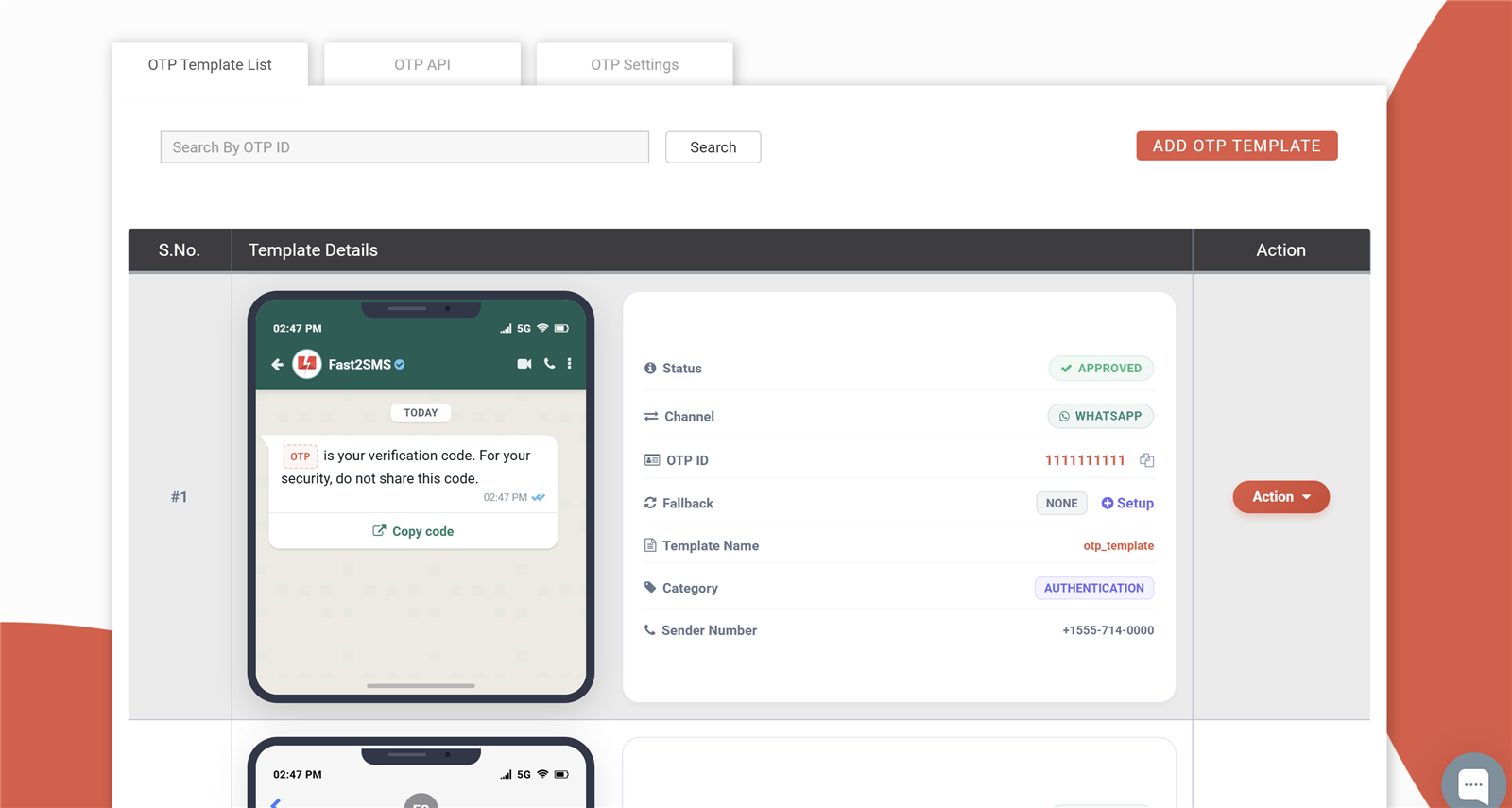 Approved WhatsApp OTP template in the Fast2SMS Smart OTP panel with OTP ID and fallback option