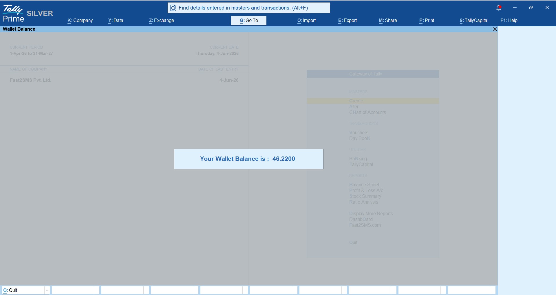 Fast2SMS wallet balance and recharge screen inside TallyPrime