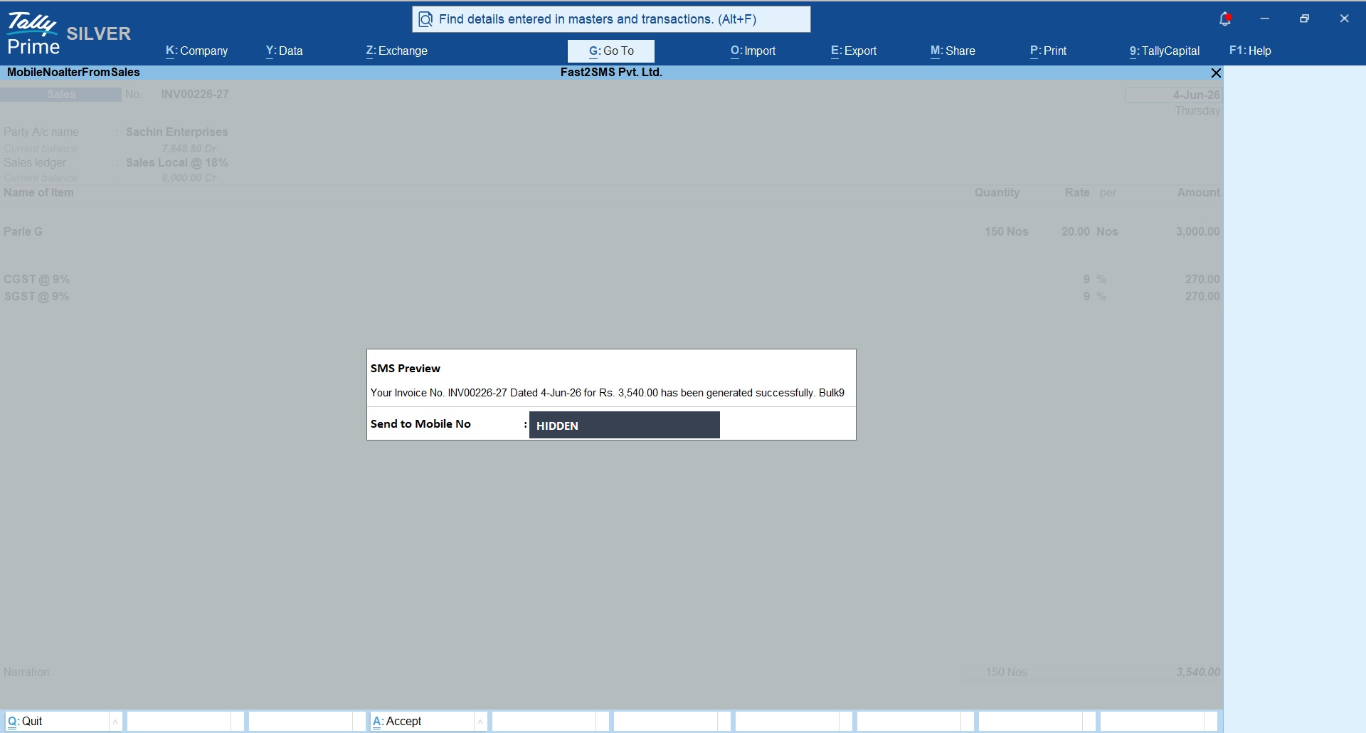 SMS preview before sending an invoice from a Tally sales voucher with the mobile number hidden