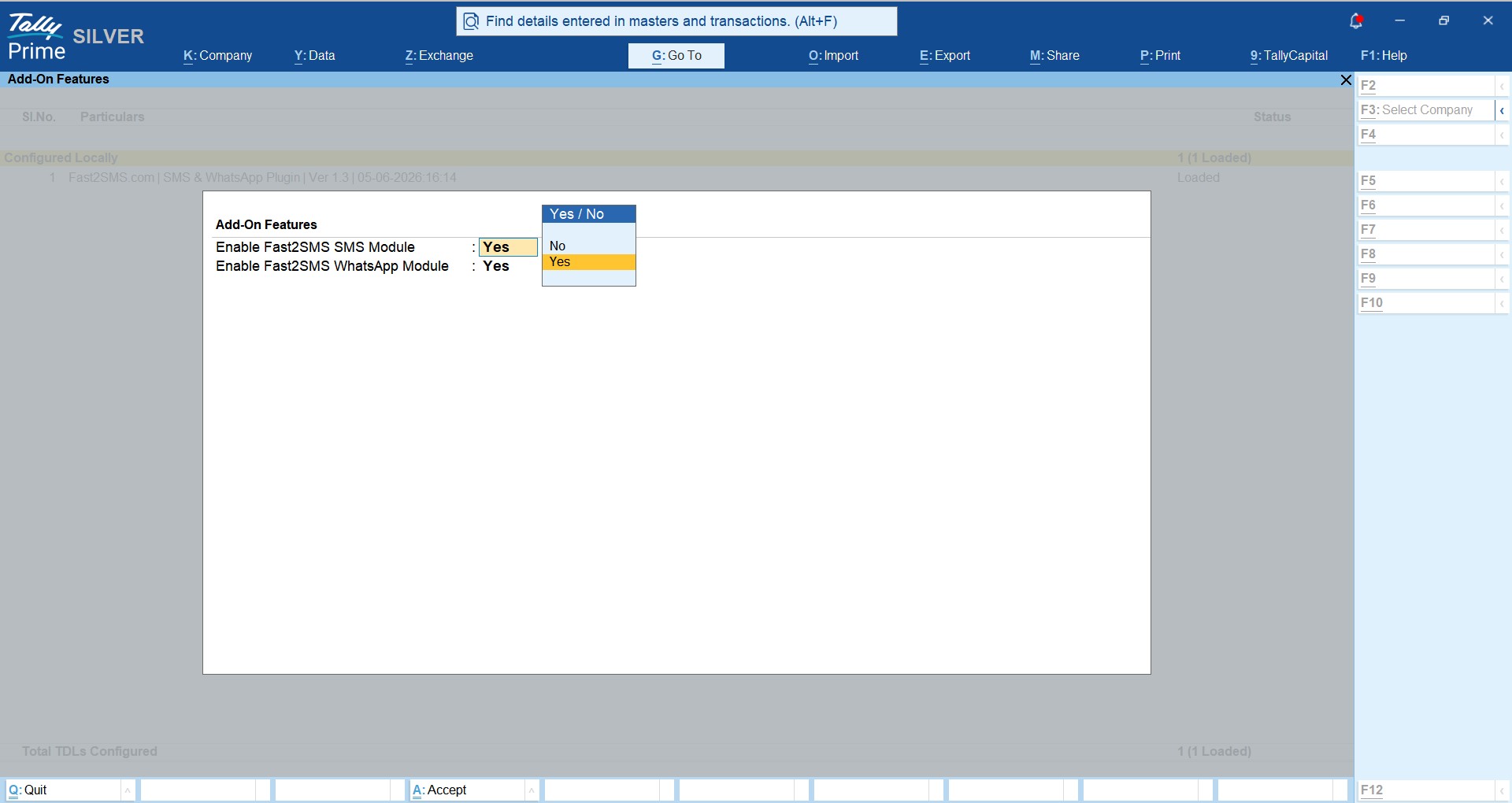 Enabling the Fast2SMS SMS and WhatsApp modules in TallyPrime add-on features