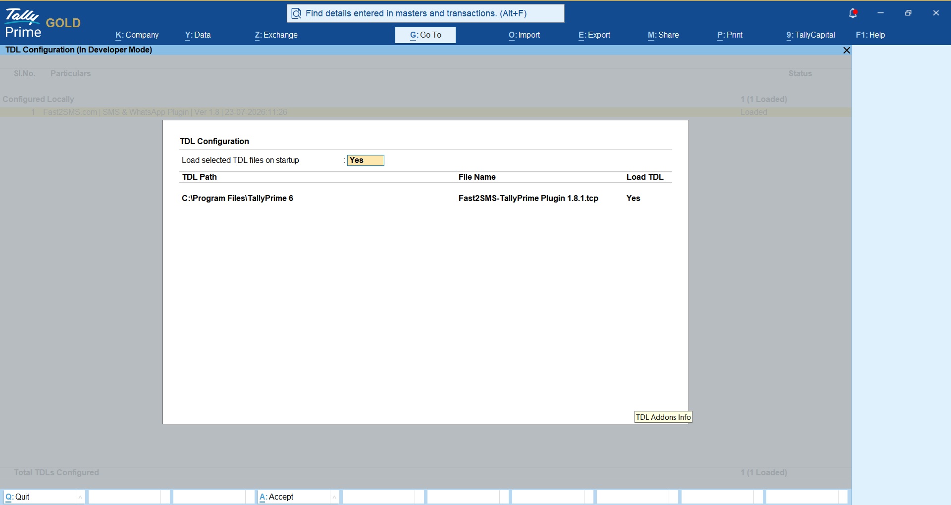 Fast2SMS TallyPrime plugin TCP file loaded in TDL configuration