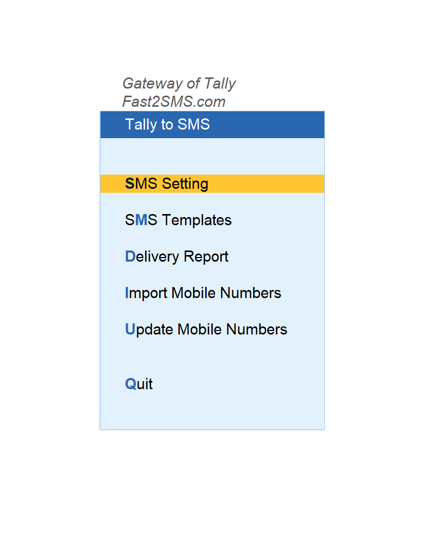 Tally to SMS menu in the Fast2SMS plugin with SMS setting, templates, delivery report and mobile number tools