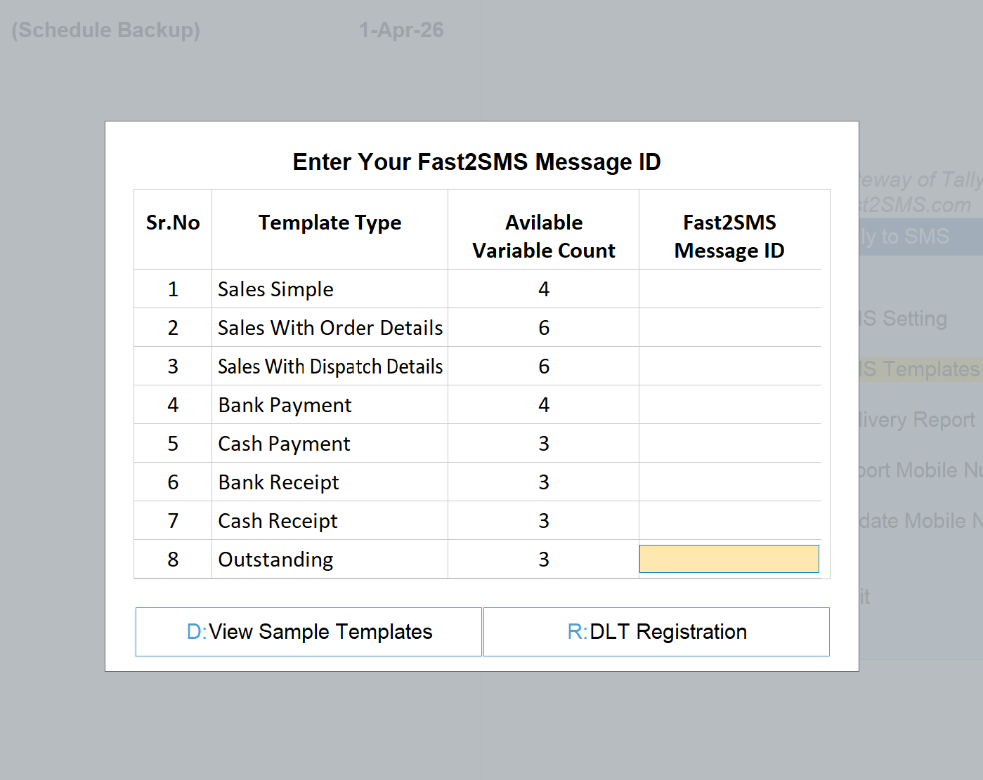 Enter Fast2SMS message ID screen in Tally for the eight SMS template types