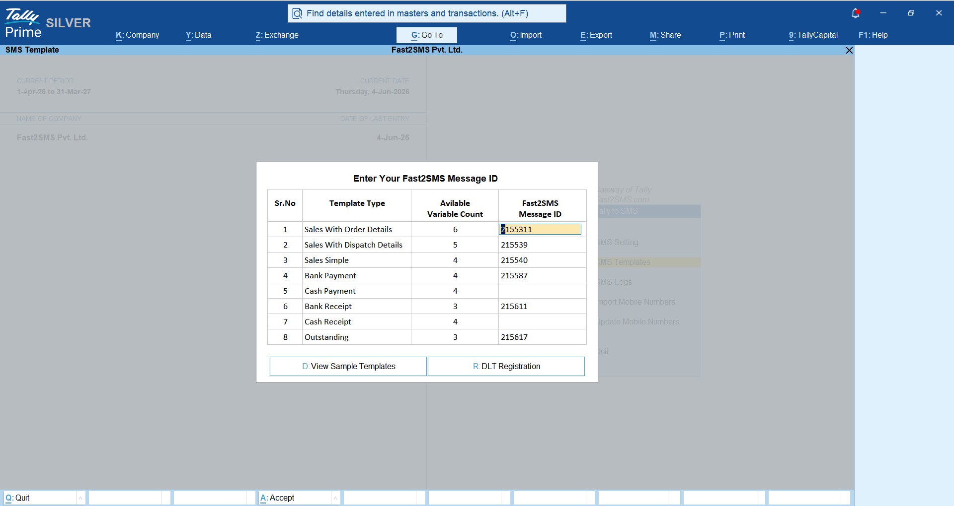 SMS template message IDs filled in the Fast2SMS Tally plugin