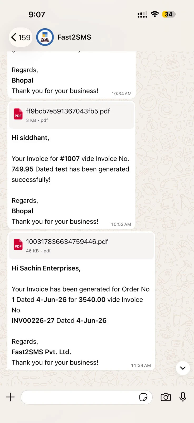 Sample Tally invoice message received on WhatsApp with PDF attachment, invoice number, amount and business name
