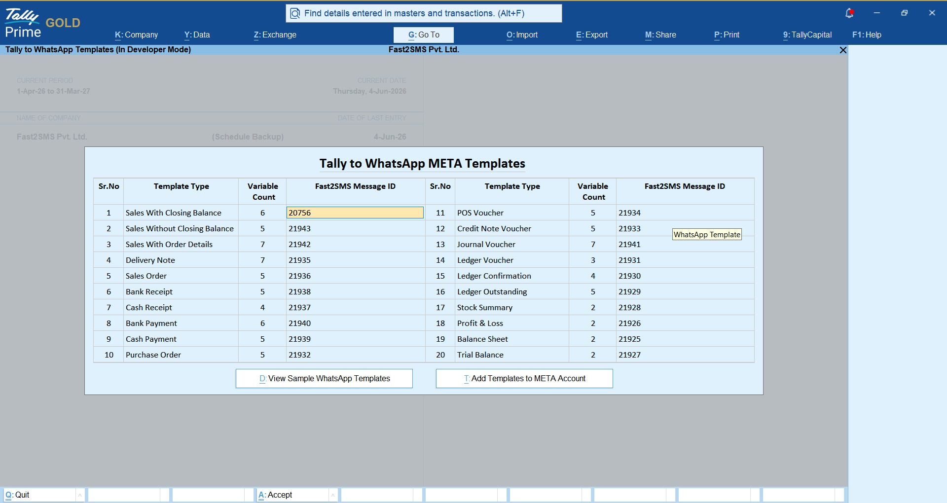 Tally to WhatsApp META templates screen with 20 ready voucher templates and message IDs