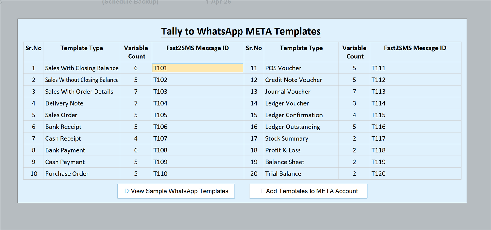 Tally WhatsApp template settings filled with default message IDs T101 to T120 for all 20 voucher types