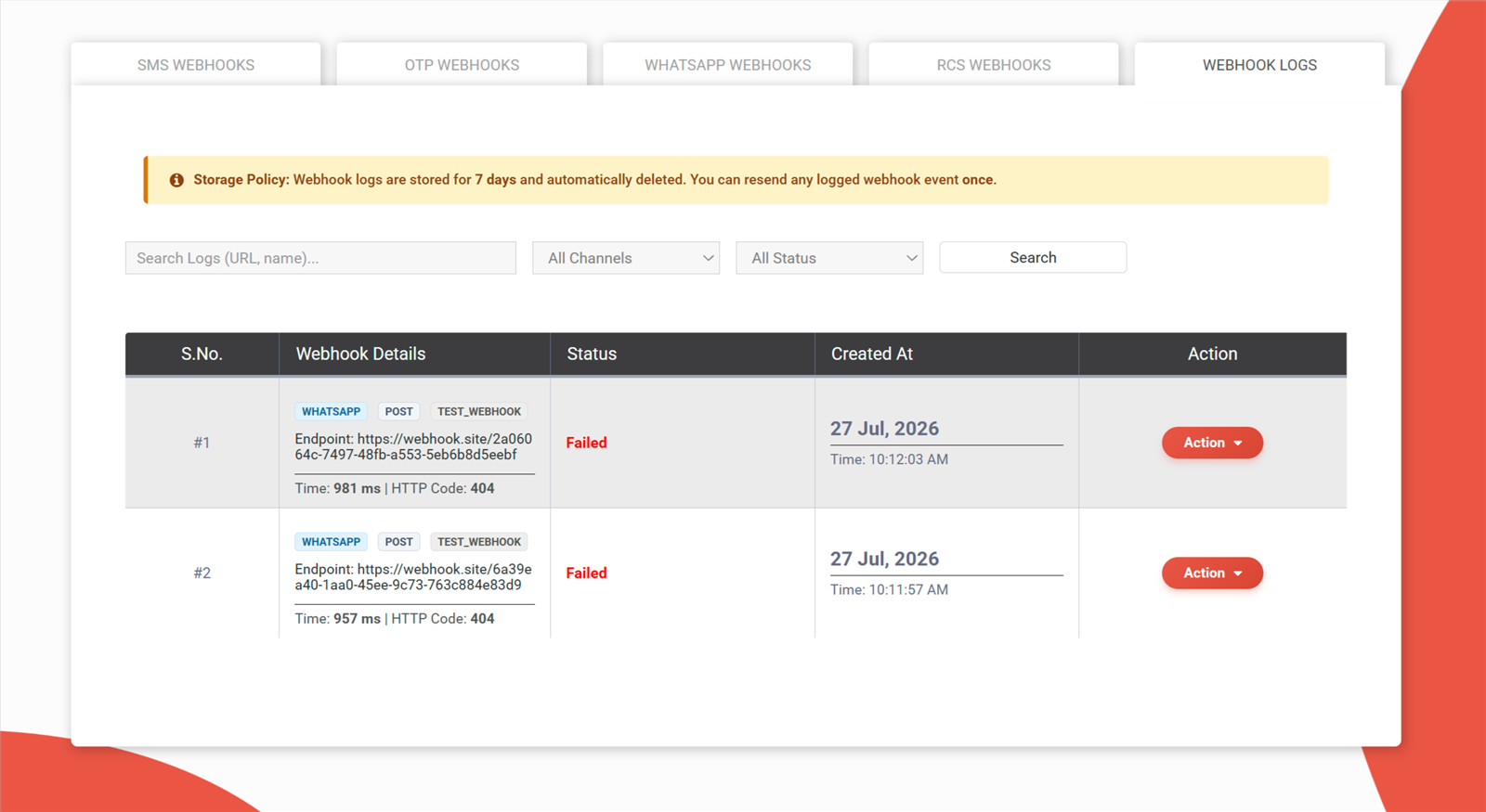 Webhook logs in Fast2SMS with HTTP response codes, timing and seven day storage policy