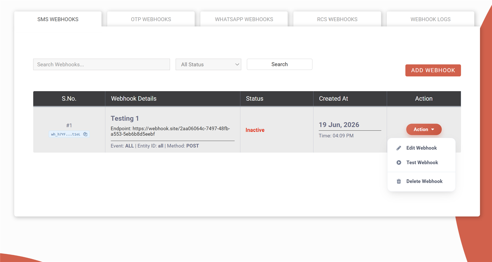 Webhook action menu in Fast2SMS with edit, test and delete options