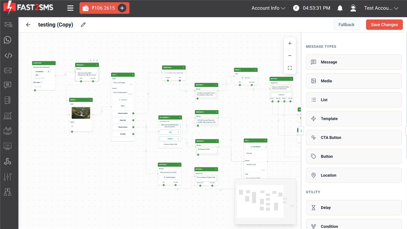 WhatsApp chatbot flow built in the Fast2SMS drag and drop builder with keyword triggers and conditions