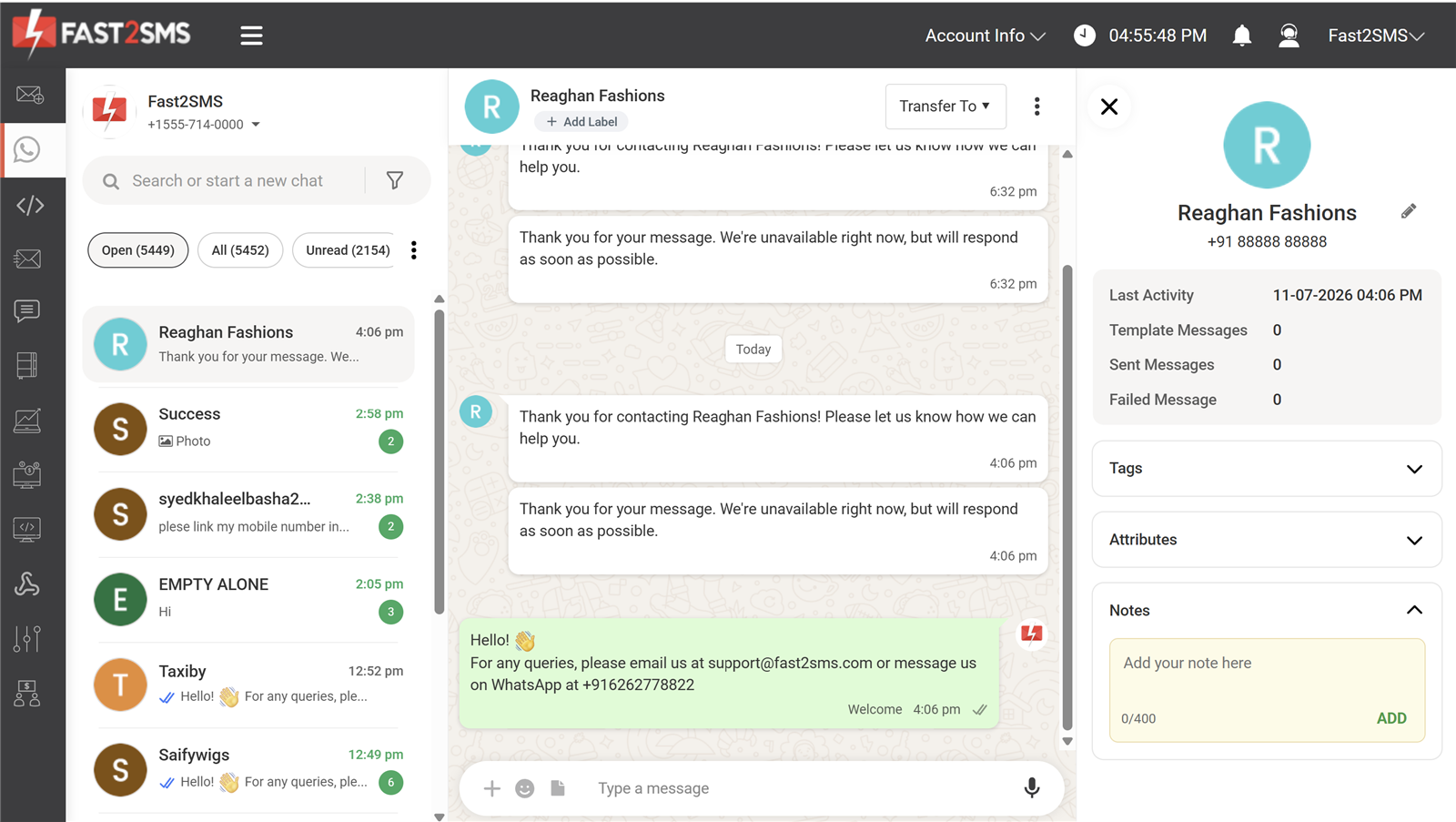Contact details, tags and notes panel in the Fast2SMS WhatsApp live chat