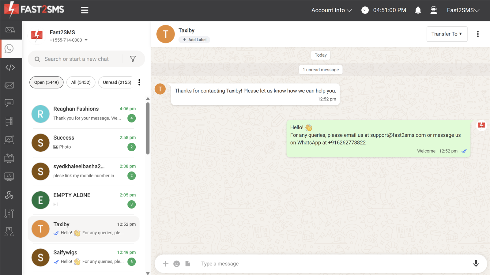 Fast2SMS WhatsApp live chat inbox with team view of customer conversations