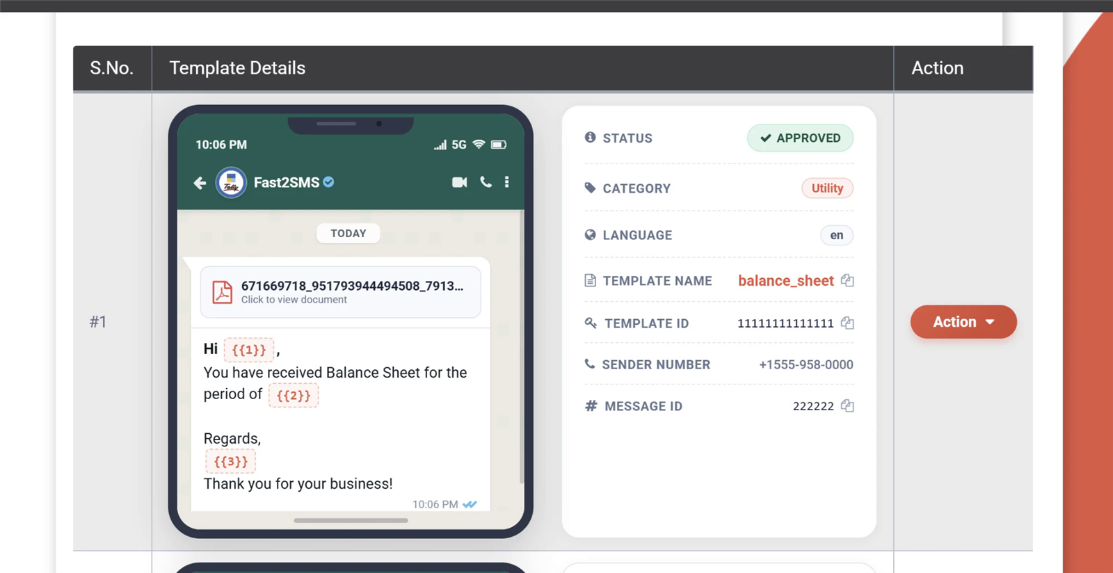 Approved WhatsApp template in Fast2SMS WhatsApp Manager with the message ID field to copy