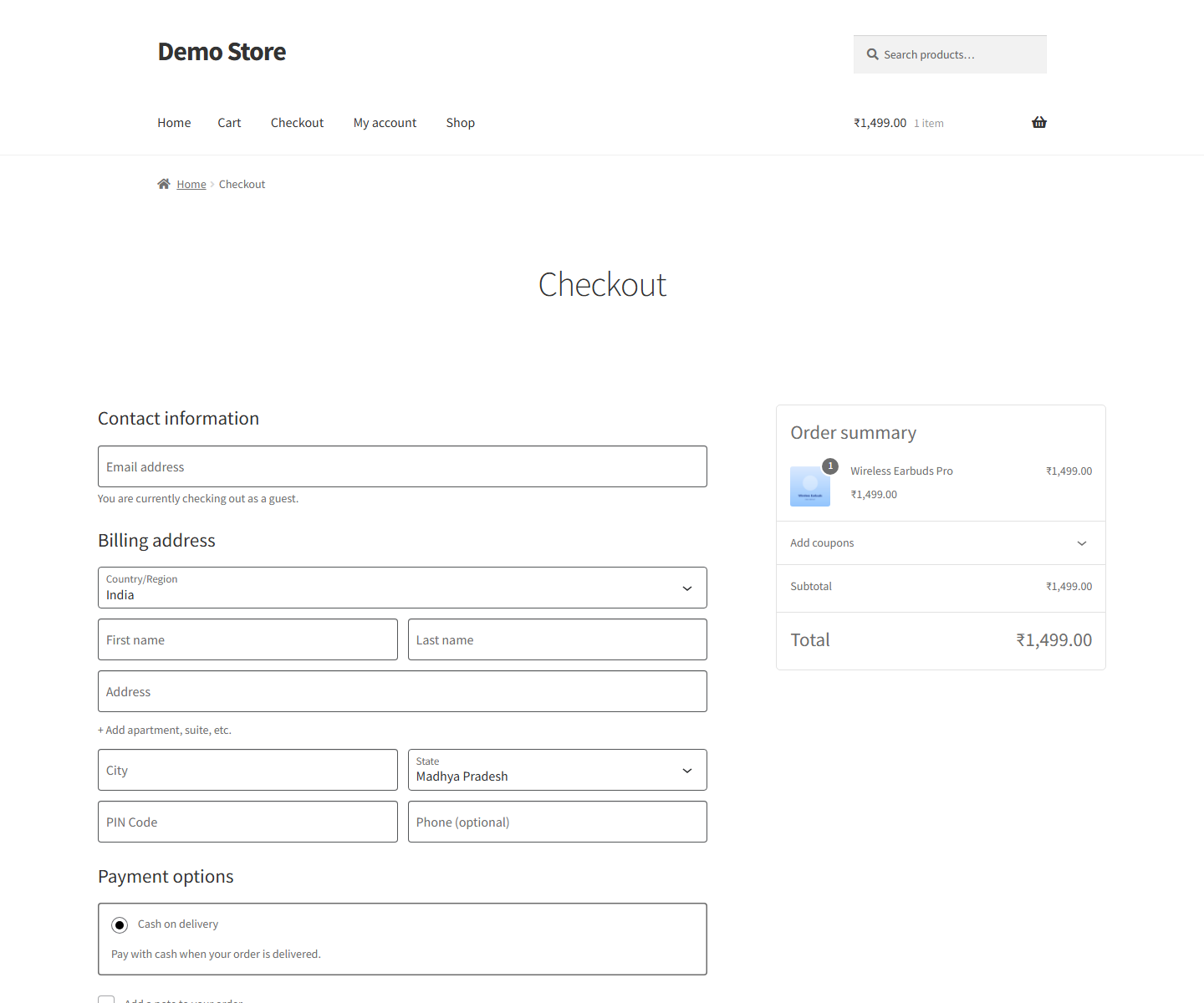 WooCommerce checkout page for an Indian store with cash on delivery