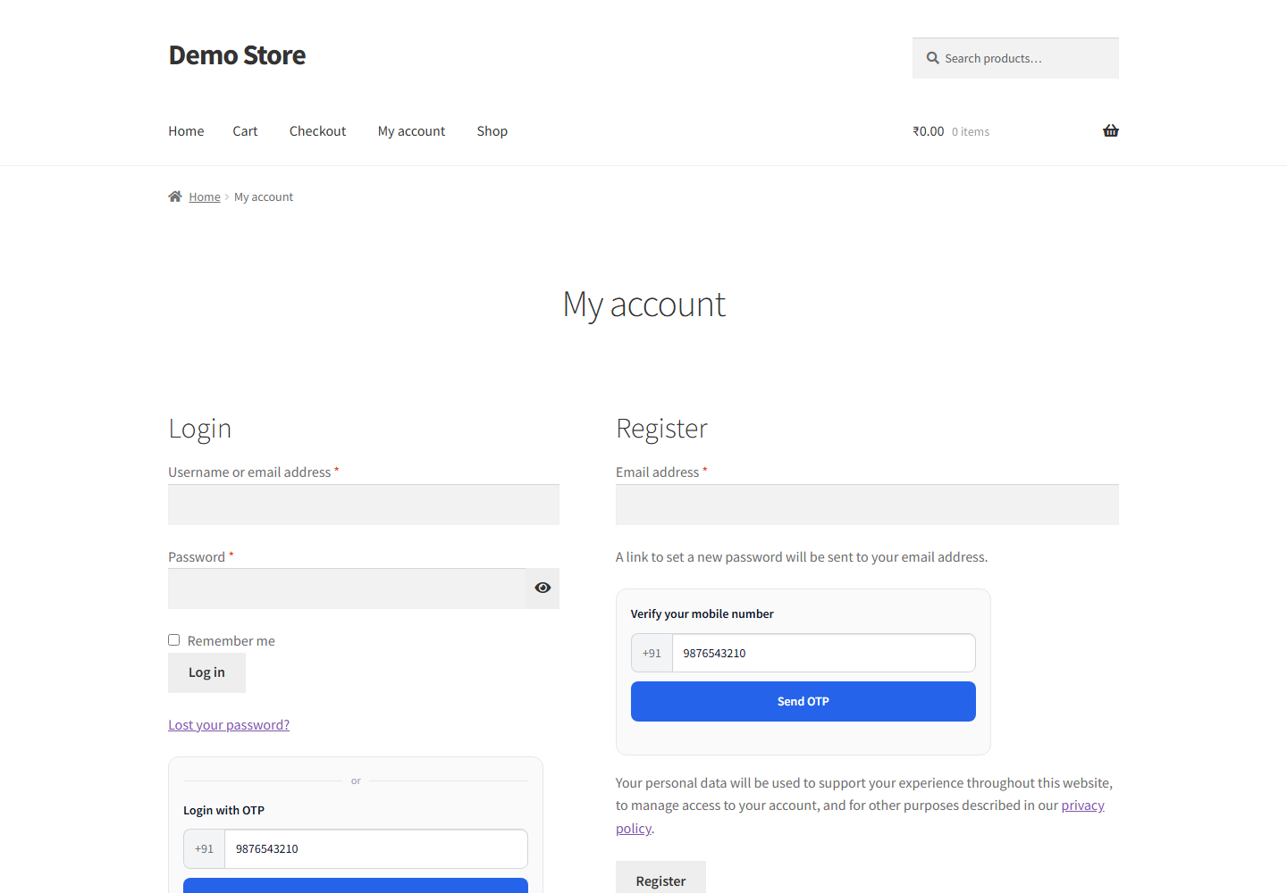 WooCommerce My Account page with Login with OTP and mobile number verification on registration