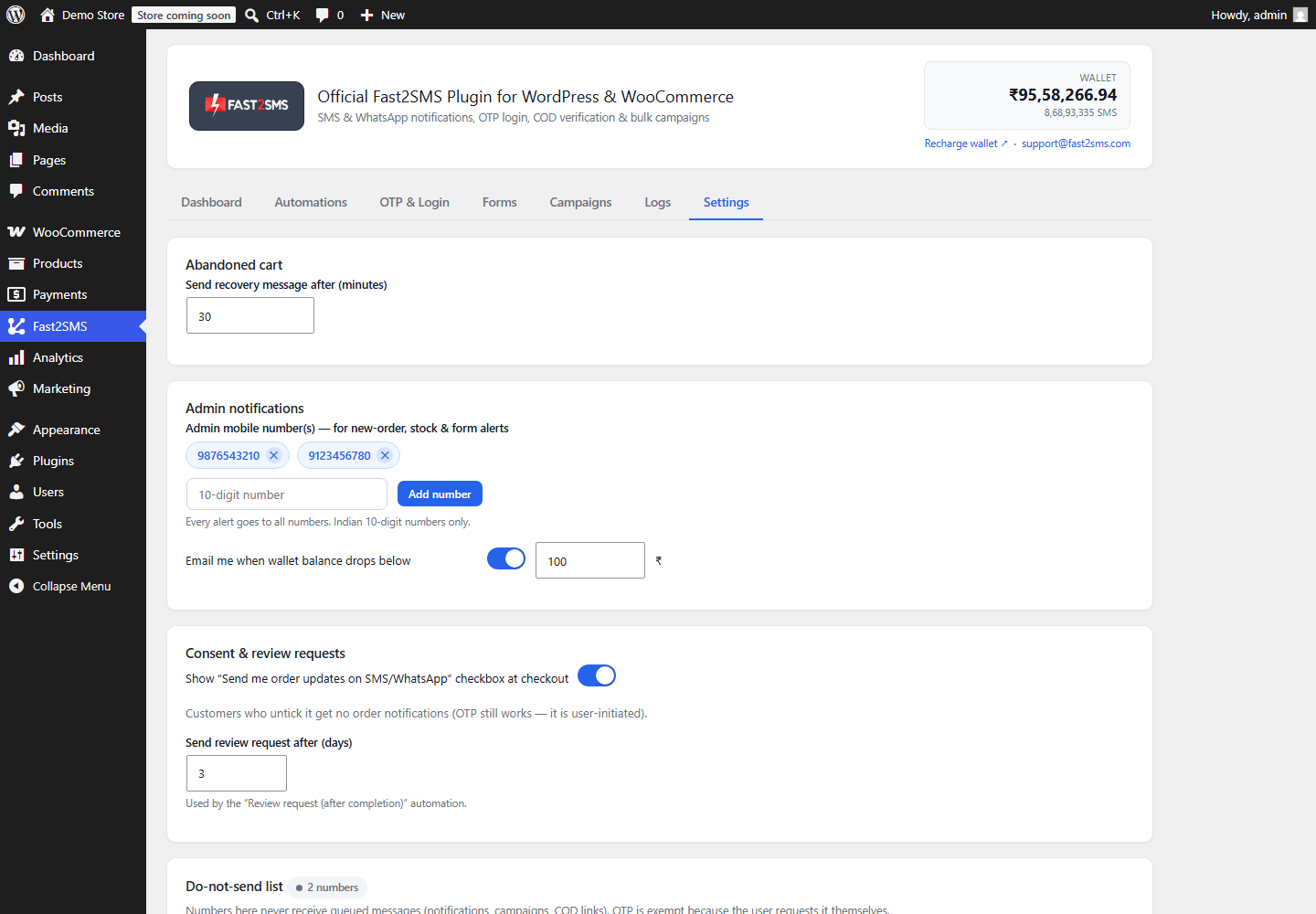 WooCommerce SMS consent, abandoned cart and do-not-send settings in Fast2SMS plugin