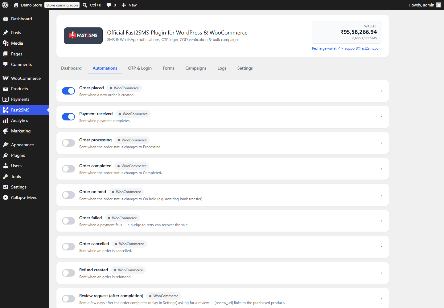WooCommerce SMS and WhatsApp order notification automations in the Fast2SMS plugin