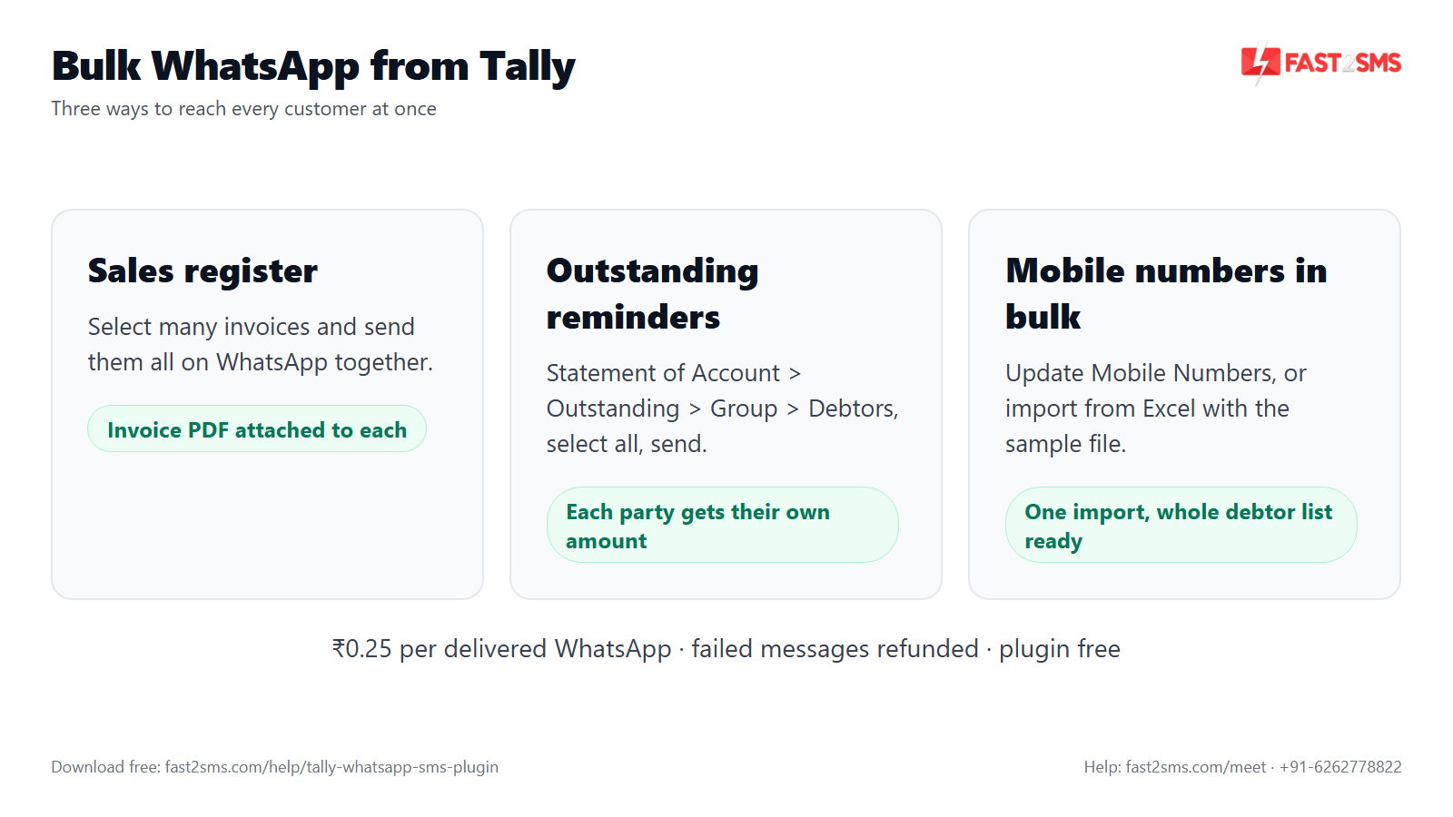 Three ways to send bulk WhatsApp from Tally: sales register, outstanding reminders, bulk mobile numbers