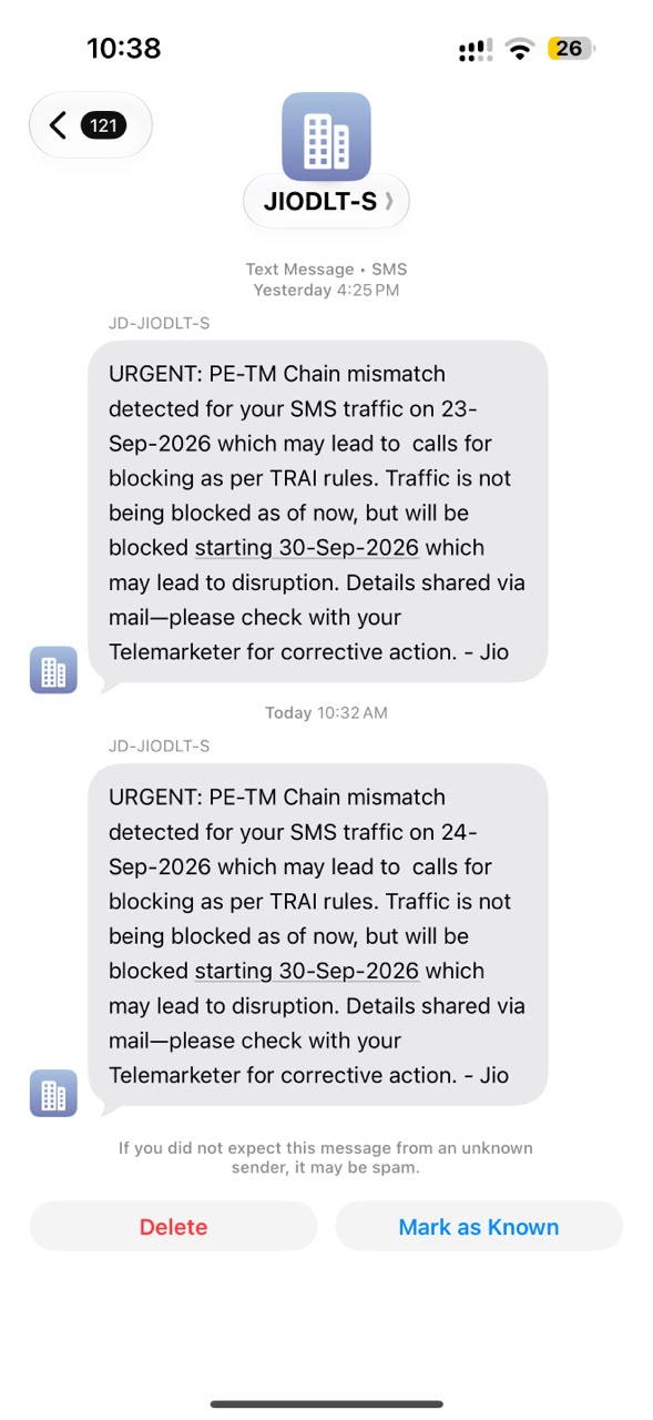 Jio DLT SMS warning: PE-TM chain mismatch detected for your SMS traffic, blocking from 30 September